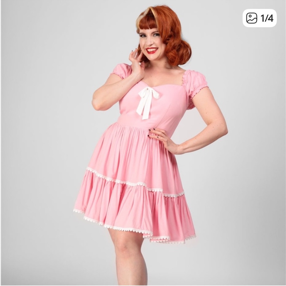 Collectif Doll Large cottage Core Dress Pink Short Sleeve Dress White Bow NWT